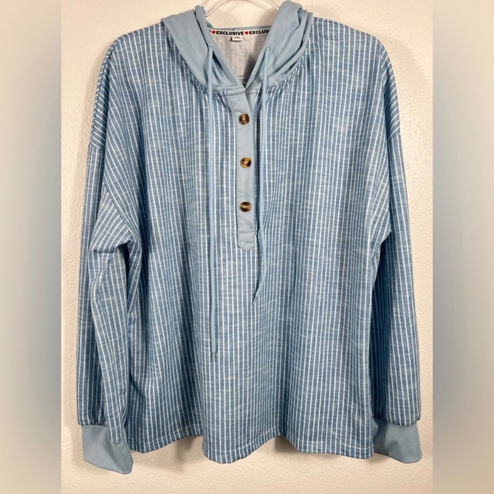Exclusive Long Sleeve Striped Hoodie Nautical Coastal Baby Blue Sweatshirt XXL